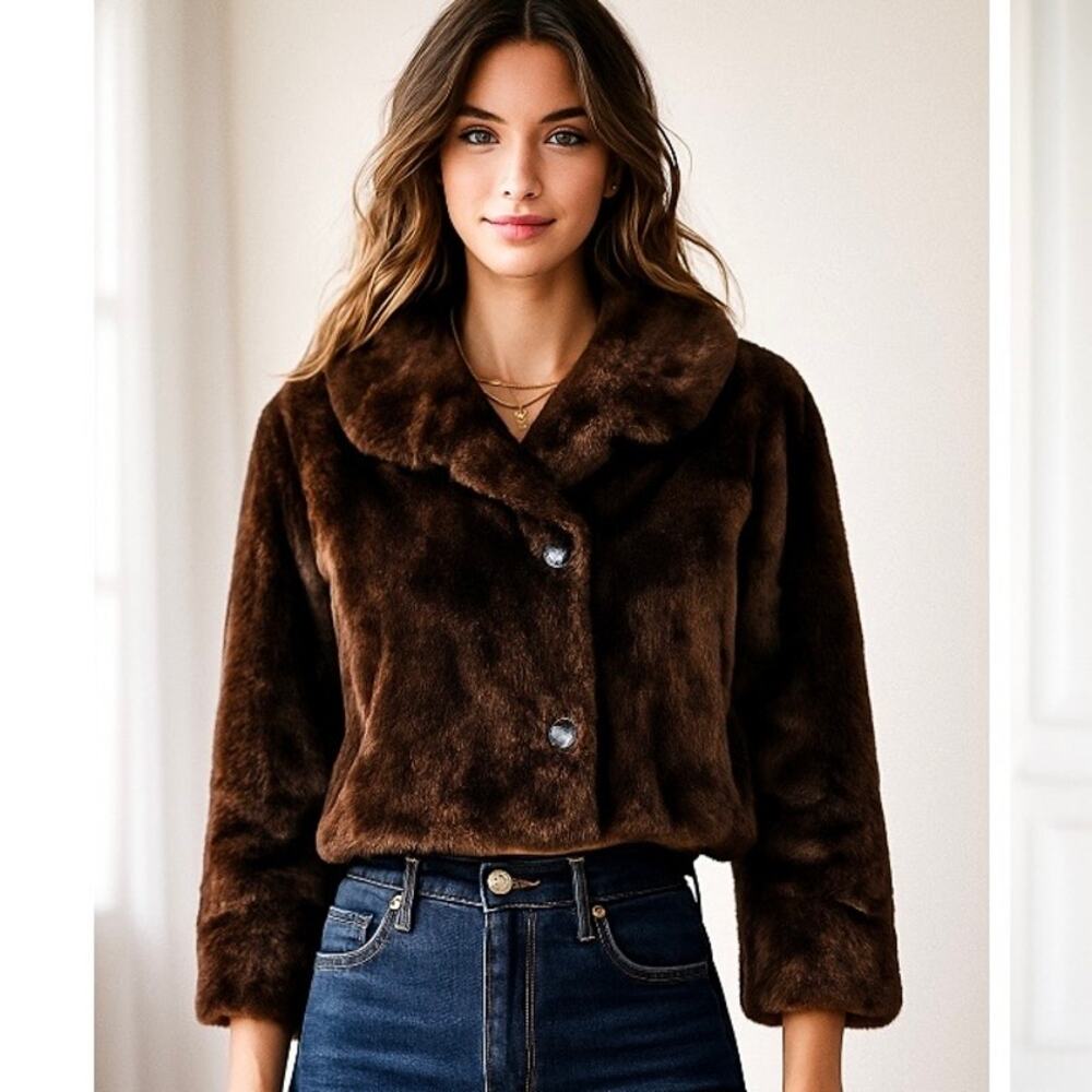 Vintage A. Duquette Chocolate Brown Faux Fur Cropped Jacket 90s French Girl Chic